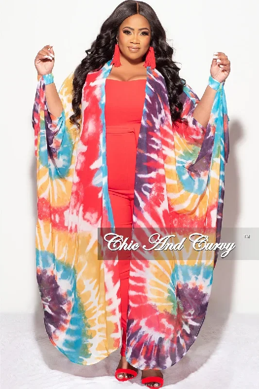 Final Sale Plus Size Chiffon Duster With Wrist Cuff in Red /Purple Multi Tie Dye