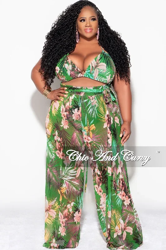 Final Sale Plus Size 3pc Set Mesh Bikini Top, Briefs & Pants in Green Tropical Print