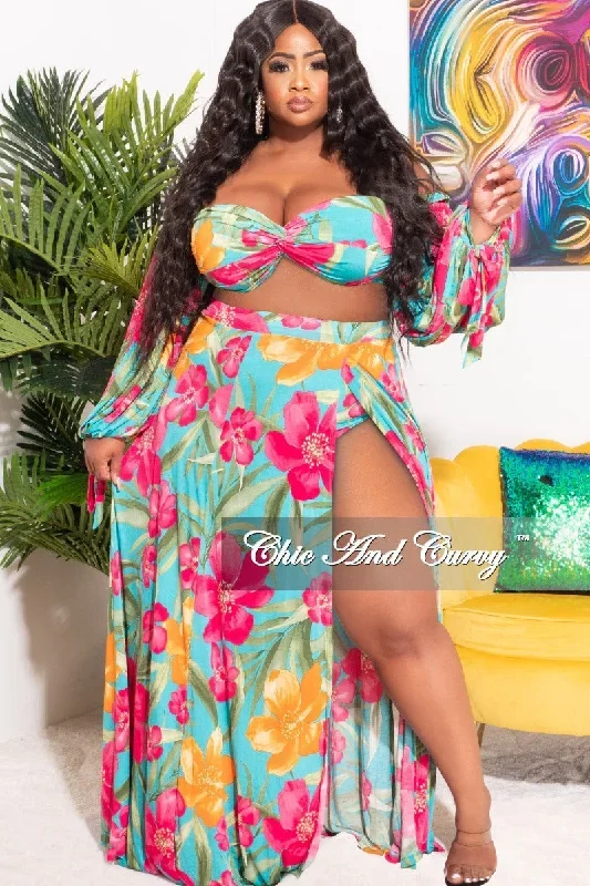 Final Sale Plus Size 3pc Playsuit Set in Turquoise Multi-Color Floral Print