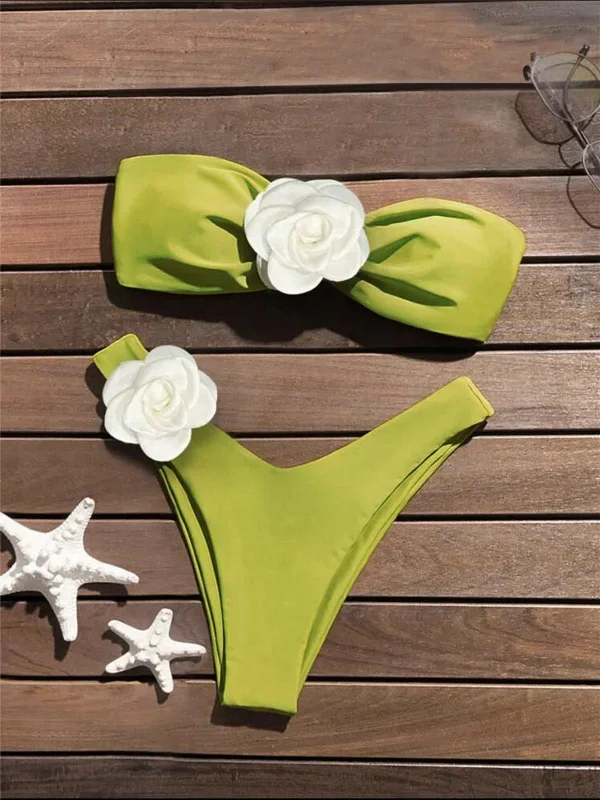 3D Flowers Bandeau Bikini 2024 Women Sexy Green Contrast Push Up Micro Swimsuit Bathers Bathing Suit Thong Swimwear Beachwear