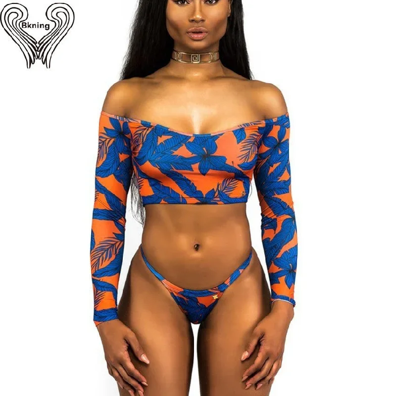 Bkning Off The Shoulder Bikini Long Sleeve Bikni Set Low Waist Bathing Suit Push Up Swimwear Women Swimsuit High Cut Monokini