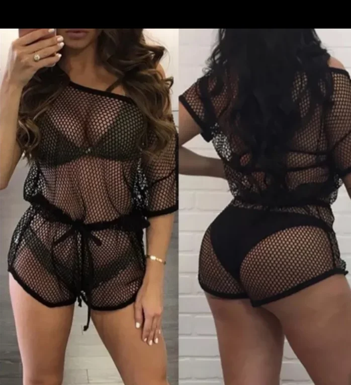 Black net bathing suit cover up