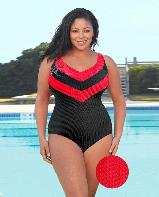 CHLORINE RESISTANT AQUAMORE COLOR BLOCK TEXTURED CHEVRON V-NECK PLUS SIZE SWIMSUIT