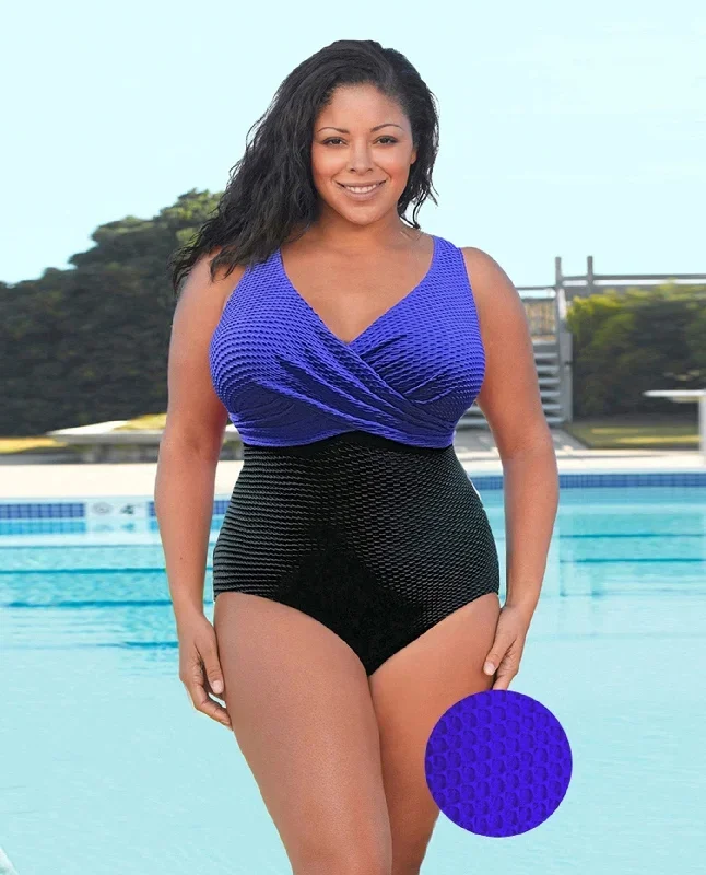 CHLORINE RESISTANT AQUAMORE PURPLE COLOR BLOCK TEXTURED TWIST FRONT PLUS SIZE SWIMSUIT