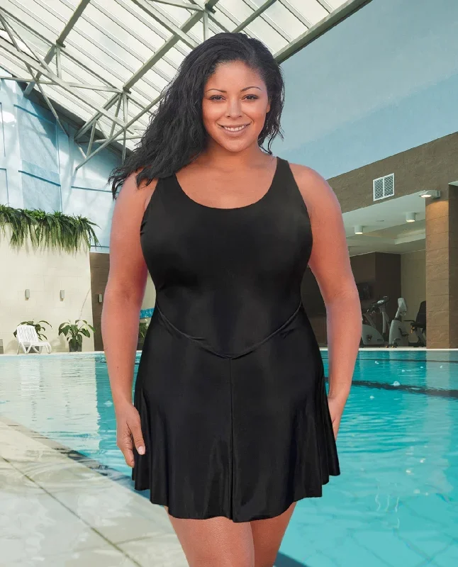 CHLORINE RESISTANT AQUAMORE SOLID V-WAIST 1X-8X PLUS SIZE SWIMDRESS