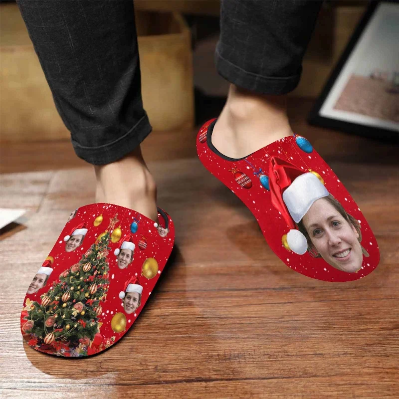 couple-gift-red-custom-face-christmas-tree-all-over-print-personalized-non-slip-cotton-slippers-for-girlfriend-boyfriend