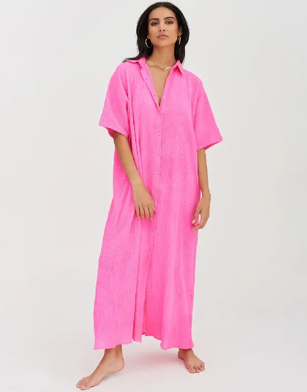 Crinkle Button Down Dress - Hot Pink