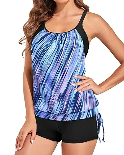 Criss Cross Bathing Suits For Women With Full Coverage Sporty Swim Shorts-Blue And Black Stripe