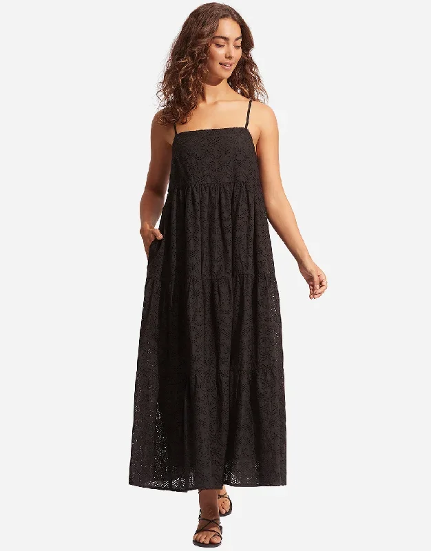 Embroidery Tiered Dress - Black