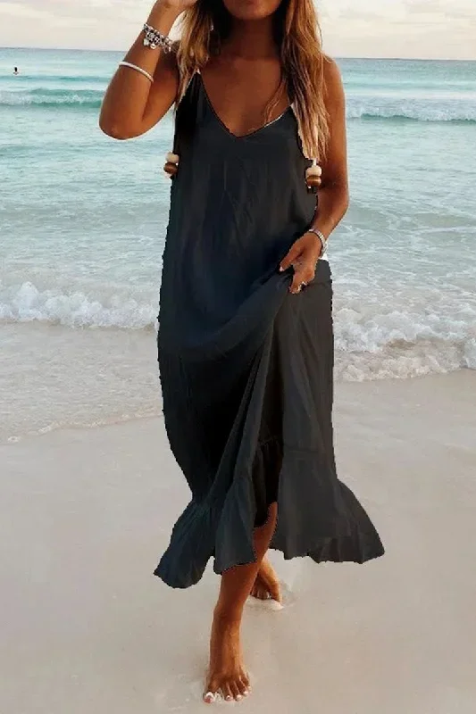 fashion-simplicity-solid-patchwork-v-neck-beach-dresses