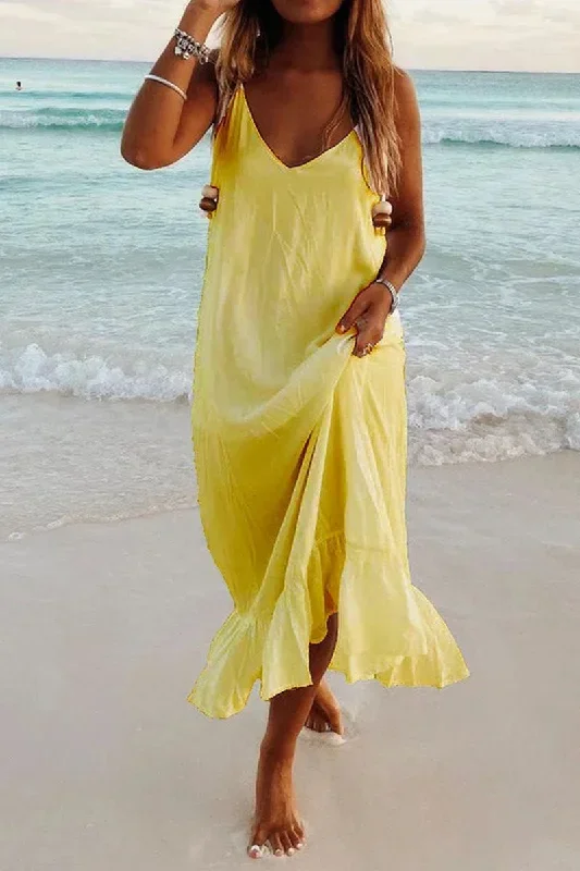 fashion-simplicity-solid-patchwork-v-neck-beach-dresses