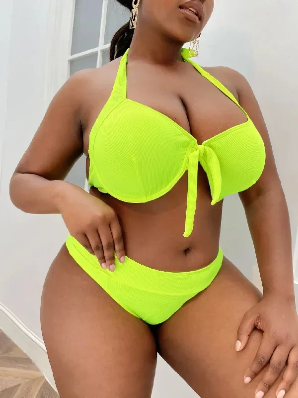 FashionSierra - 2024 Fashionable Pleated One Piece Neon Lime Push Up Plus Size Swimsuits