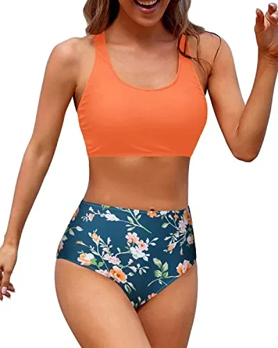 Flattering Women's High Waisted Two Piece Bikini Sports Crop Top Swimsuit-Orange Flowers