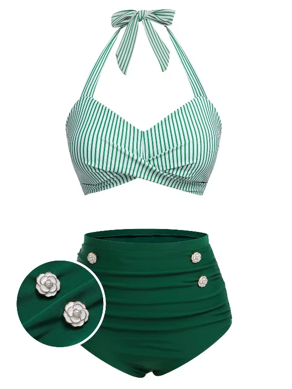 Green 1940s Striped Halter Swimsuit Set