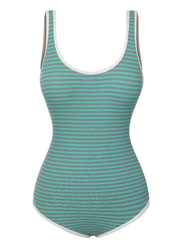 Green 1950s Stripes Backless One-Piece Swimsuit