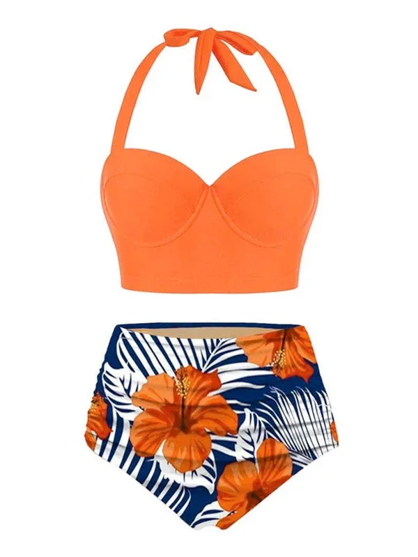 [Pre-Sale] Halter Flowers Pleated Bikini Set