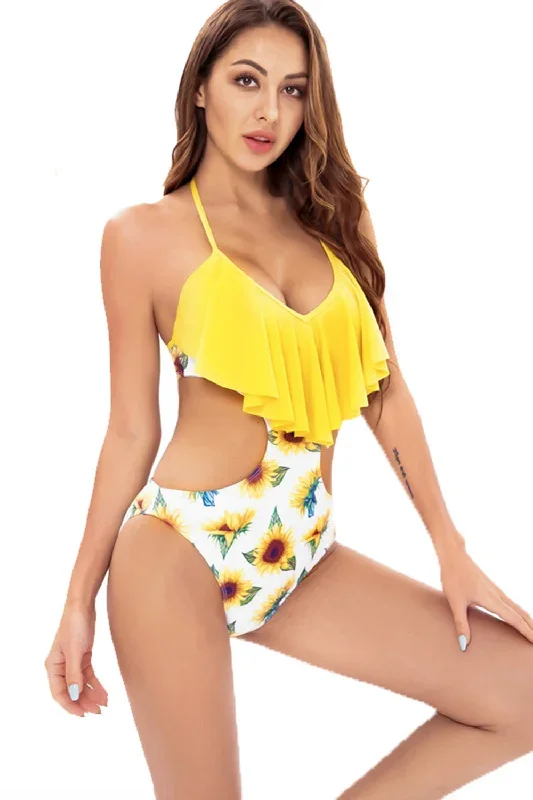 Halter One Piece Maillot de bain jaune imprimé avec volants