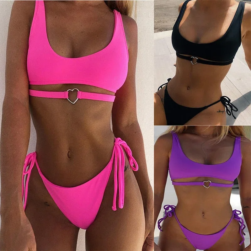 Heart Ring Hot Pink Swimsuit Woman Bikini Set High Waist Cute Swimsuit Neon Green Bandage Swimwear Female Bathing Suit HalterTop