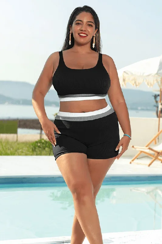 HN Women Plus Size Contrast Color Swimsuit Padded Cropped Tops+Boxer Briefs