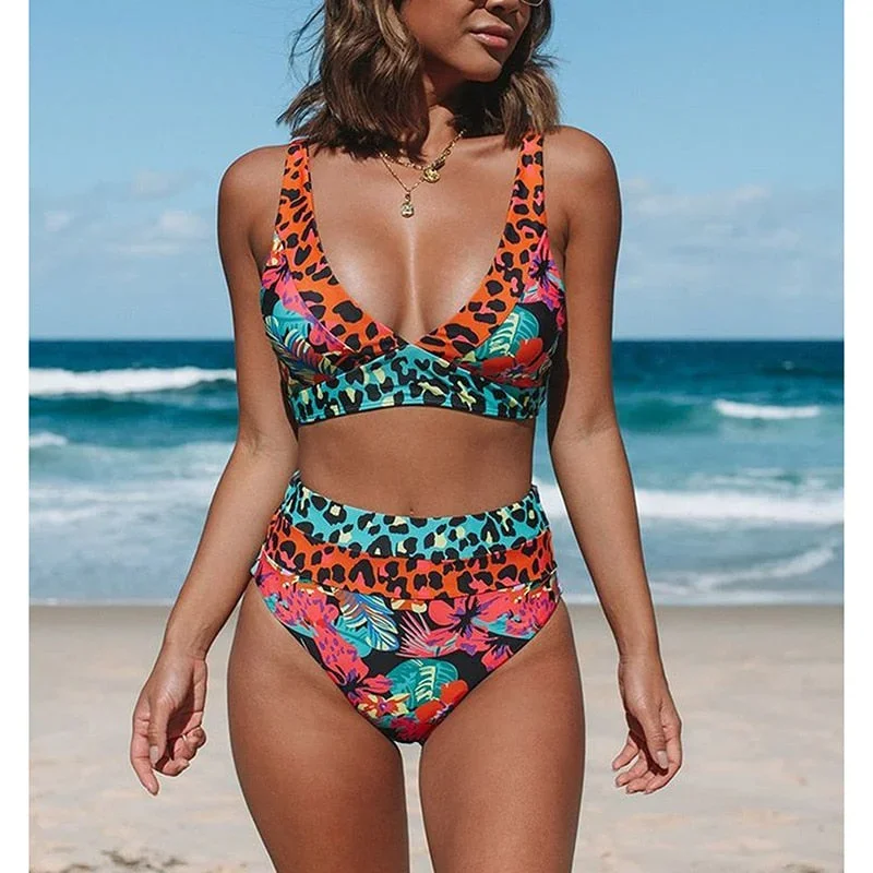 Ladies Summer Split Swimwear Set Women Floral Plant Printing Leopard Point Splicing Tank Top+Type High Waist Bikini Swimsuit