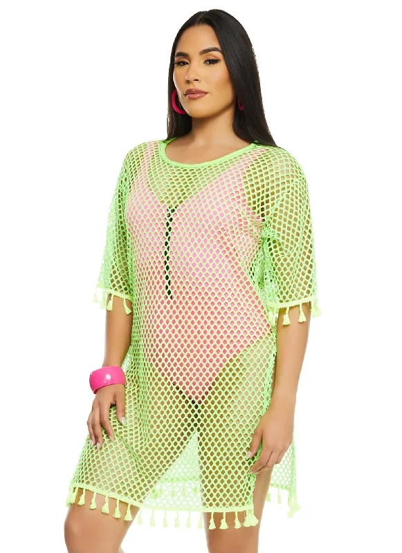 Tassel Trim Fishnet Cover Up