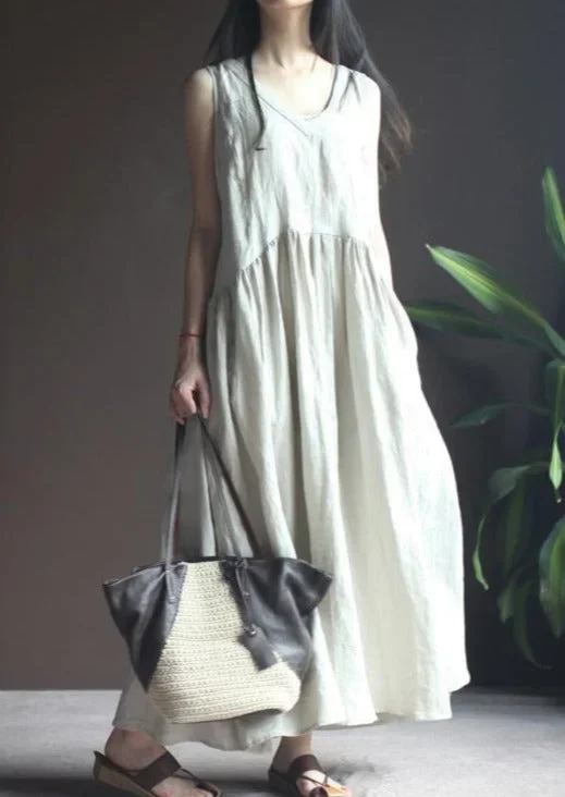 Nude Linen Sundress Sleeveless Summer Maxi Dresses Vestido Hoiday Beach Dress ( Limited Stock)