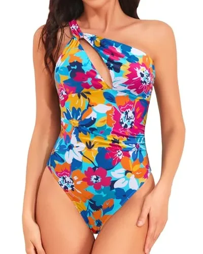 One Shoulder One Piece Swimwear for Women Tummy Control Bathing Suits Modest Full Coverage Keyhole Swimsuit