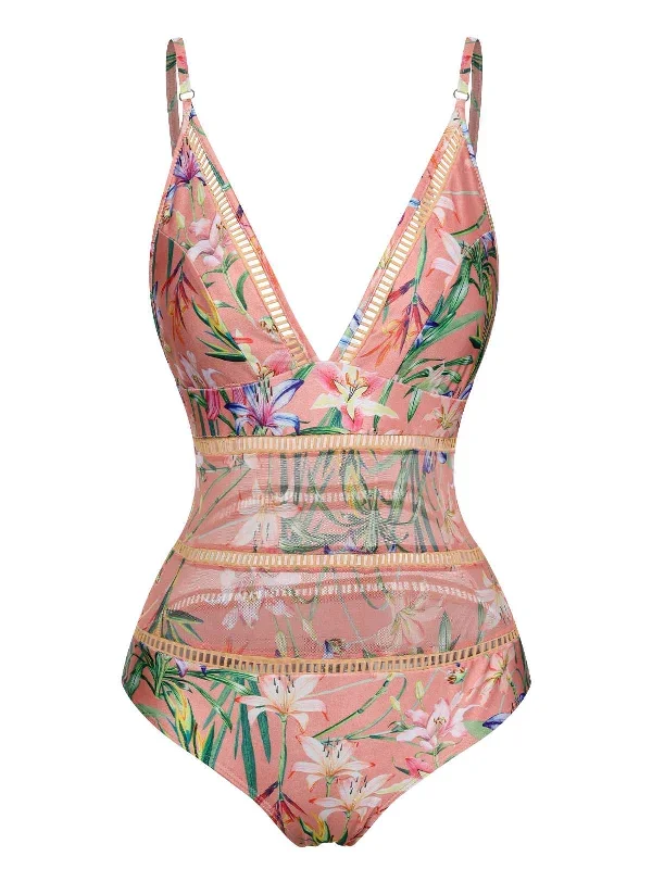 Pink 1960s Spaghetti Strap Floral One-Piece Swimsuit