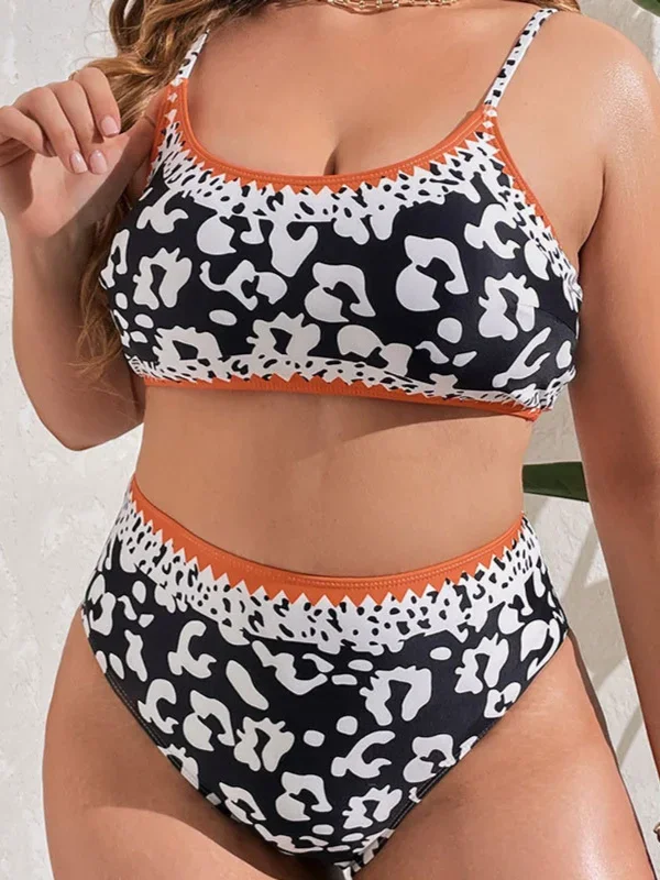 [Plus Size] Black 1950s Leopard Contrast Swimsuit