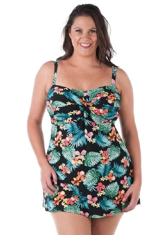 Tropical Twisted Front Plus Size Swimdress with Padded Bra D-G