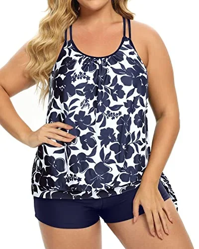 Full Coverage Women Plus Size Two Piece Tankini Set For Teens & Juniors-Navy Blue Flowers