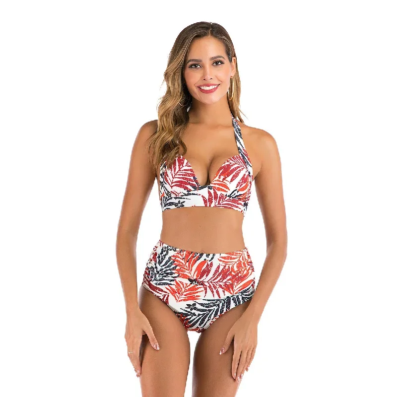 Printed high waist split swimsuit