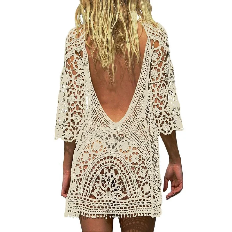 Sexy Women’s Bathing Suit Cover Up Crochet Lace Bikini Bathing Suit Swimsuit Smock Knitting Swimwear Mesh Beach Dress Tunic Robe