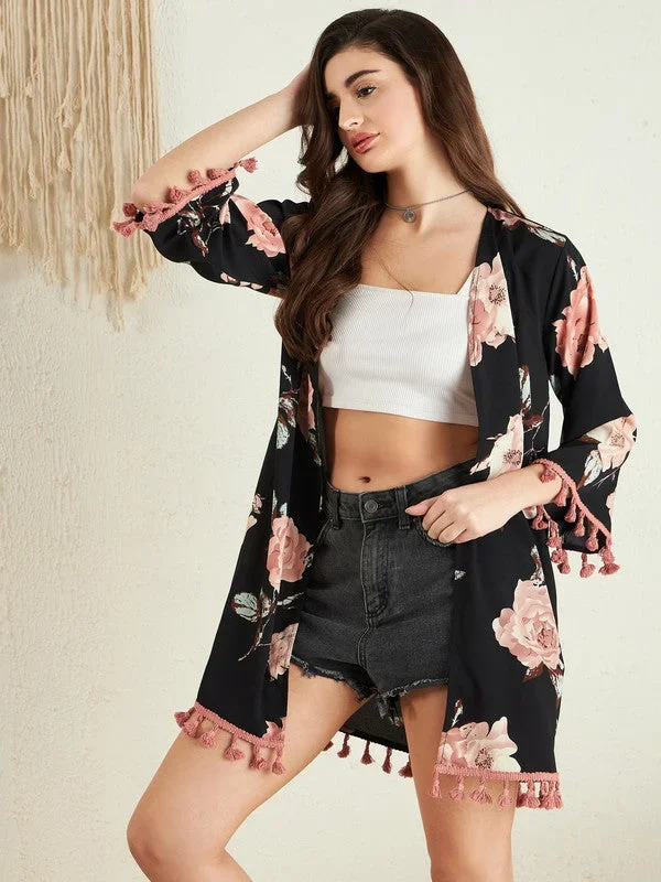 Berrylush Women Black Floral Print Tasselled Longline Open Front Shrug