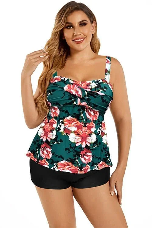 Twist Front Plus Size Tankini Floral Print Two Piece Swimsuit