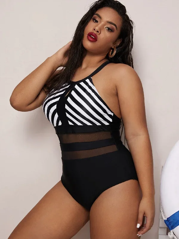 Striped Contrast Mesh One Piece Swimsuit