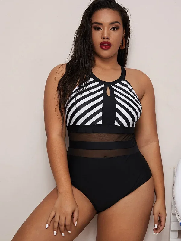 striped-contrast-mesh-one-piece-swimsuit