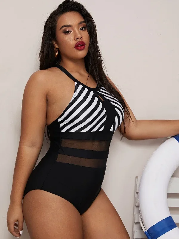 striped-contrast-mesh-one-piece-swimsuit