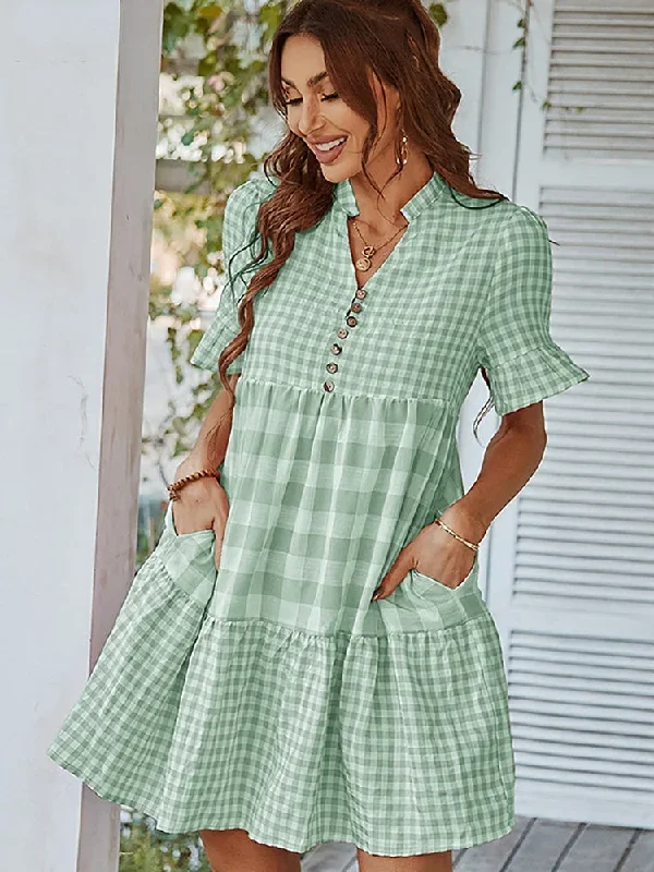 FashionSierra - Plaid Short Sleeve Loose Ruffle Stitching Beach Dress