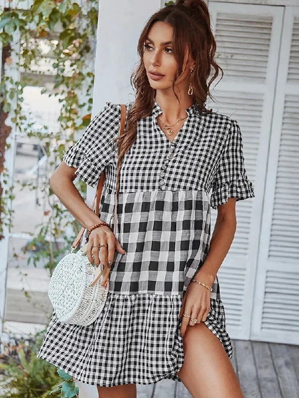 summer-plaid-short-sleeve-dress-women-casual-loose-ruffle-stitching-beach-dress-elegant-v-neck-button-black-mini-dresses-2022