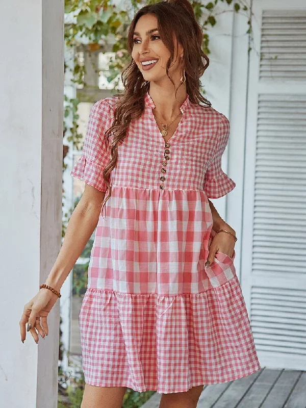 summer-plaid-short-sleeve-dress-women-casual-loose-ruffle-stitching-beach-dress-elegant-v-neck-button-black-mini-dresses-2022