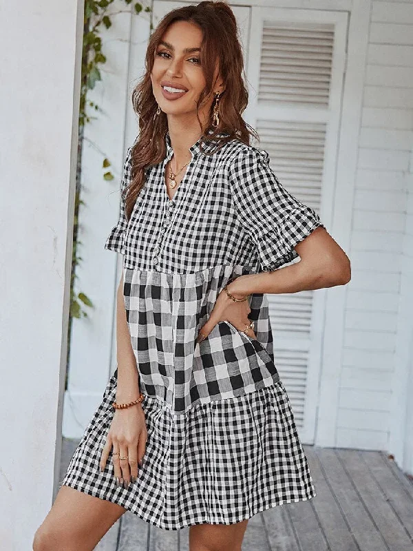 summer-plaid-short-sleeve-dress-women-casual-loose-ruffle-stitching-beach-dress-elegant-v-neck-button-black-mini-dresses-2022