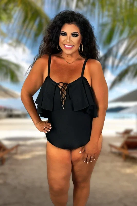 SWIM-A {Caribbean Crush} Black Ruffle One Piece Swimsuit PLUS SIZE 2X