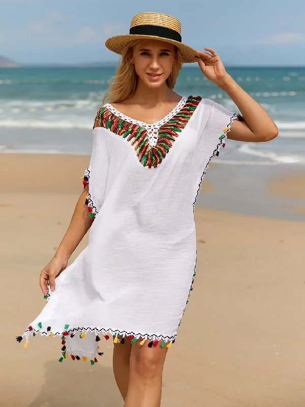 Sunset Vacation Tassel V-Neck Short Sleeve Cover Up