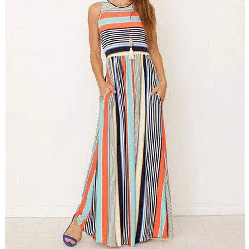 FashionSierra - Women Ladies Boho Stripe Bodycon Sleeveless Maxi Dress Pocket High Waist Summer Beach Dress Sundress New