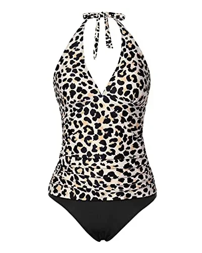 V Neck Two Piece Tankini Bathing Suits For Women-Black And Leopard