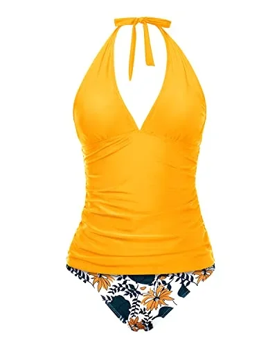 Sexy V Neck Halter Tankini Top With Bikini Bottom Two Piece Tankini Swimsuit-Yellow Floral