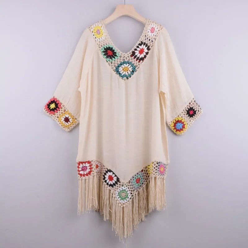 womens-embroidered-three-quarter-sleeve-tassel-cover-up