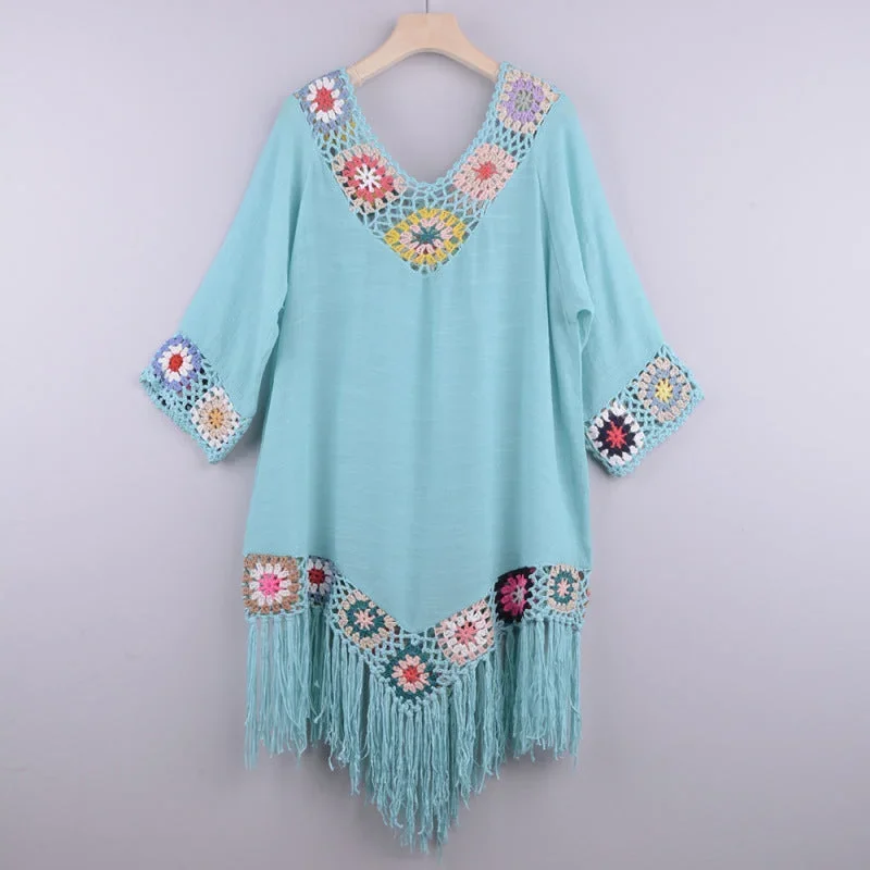 womens-embroidered-three-quarter-sleeve-tassel-cover-up