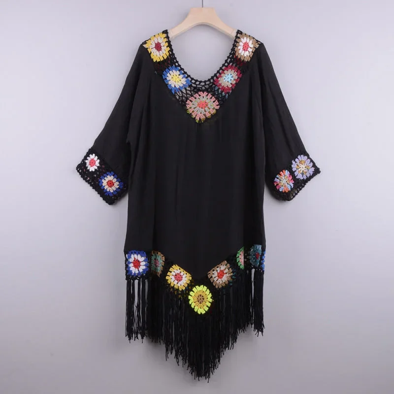 womens-embroidered-three-quarter-sleeve-tassel-cover-up